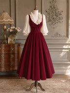 Vintage Burgundy Ruffle Bow Swing Midi Dress