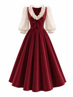 Vintage Burgundy Ruffle Bow Swing Midi Dress