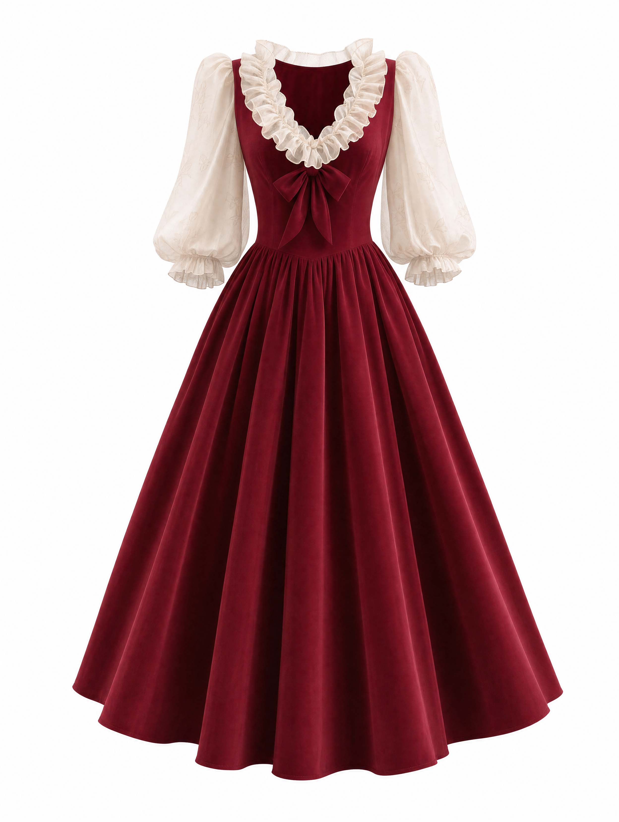 Vintage Burgundy Ruffle Bow Swing Midi Dress