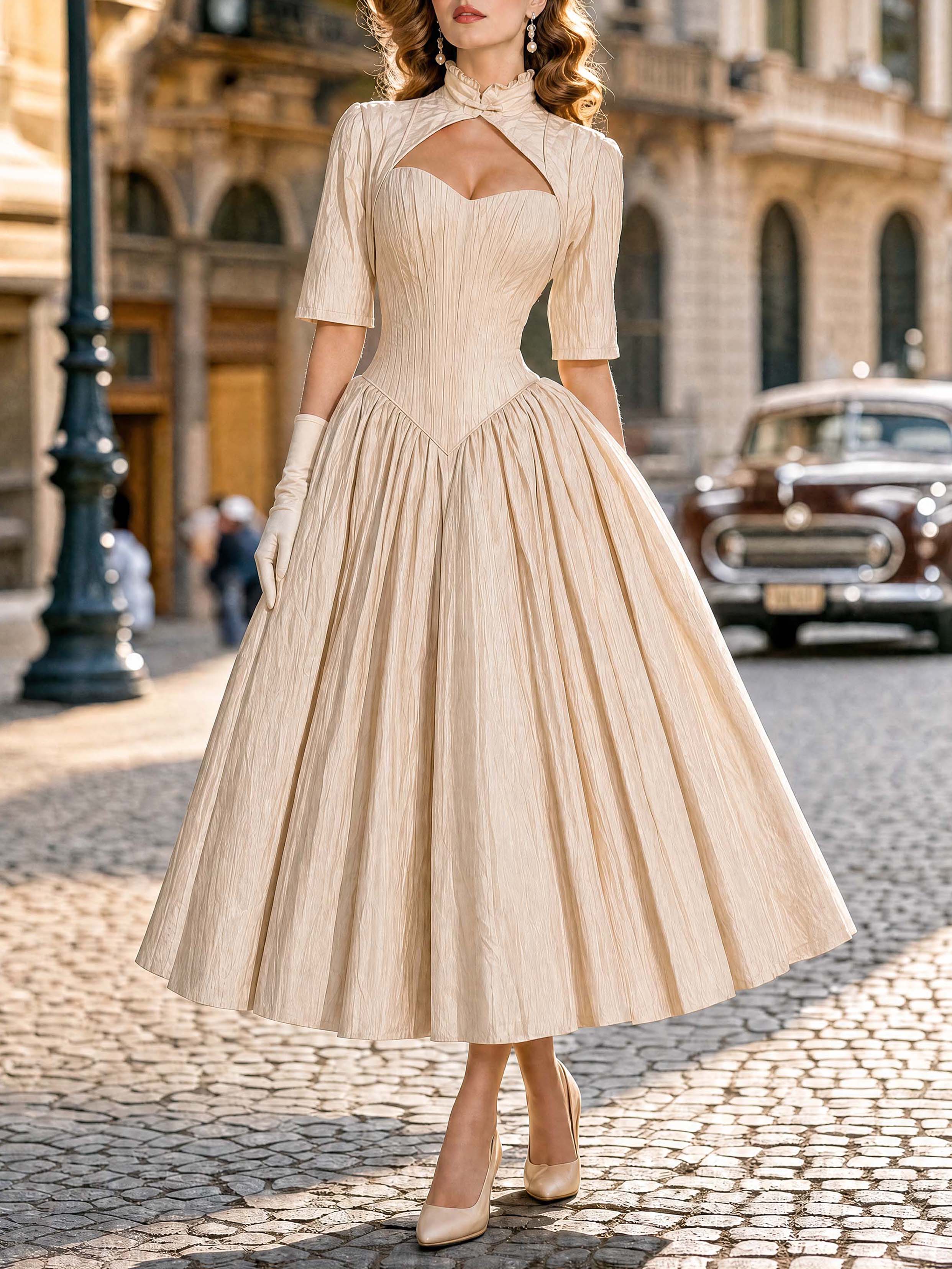 Vintage 50s Crinkled Texture Swing Midi Dress
