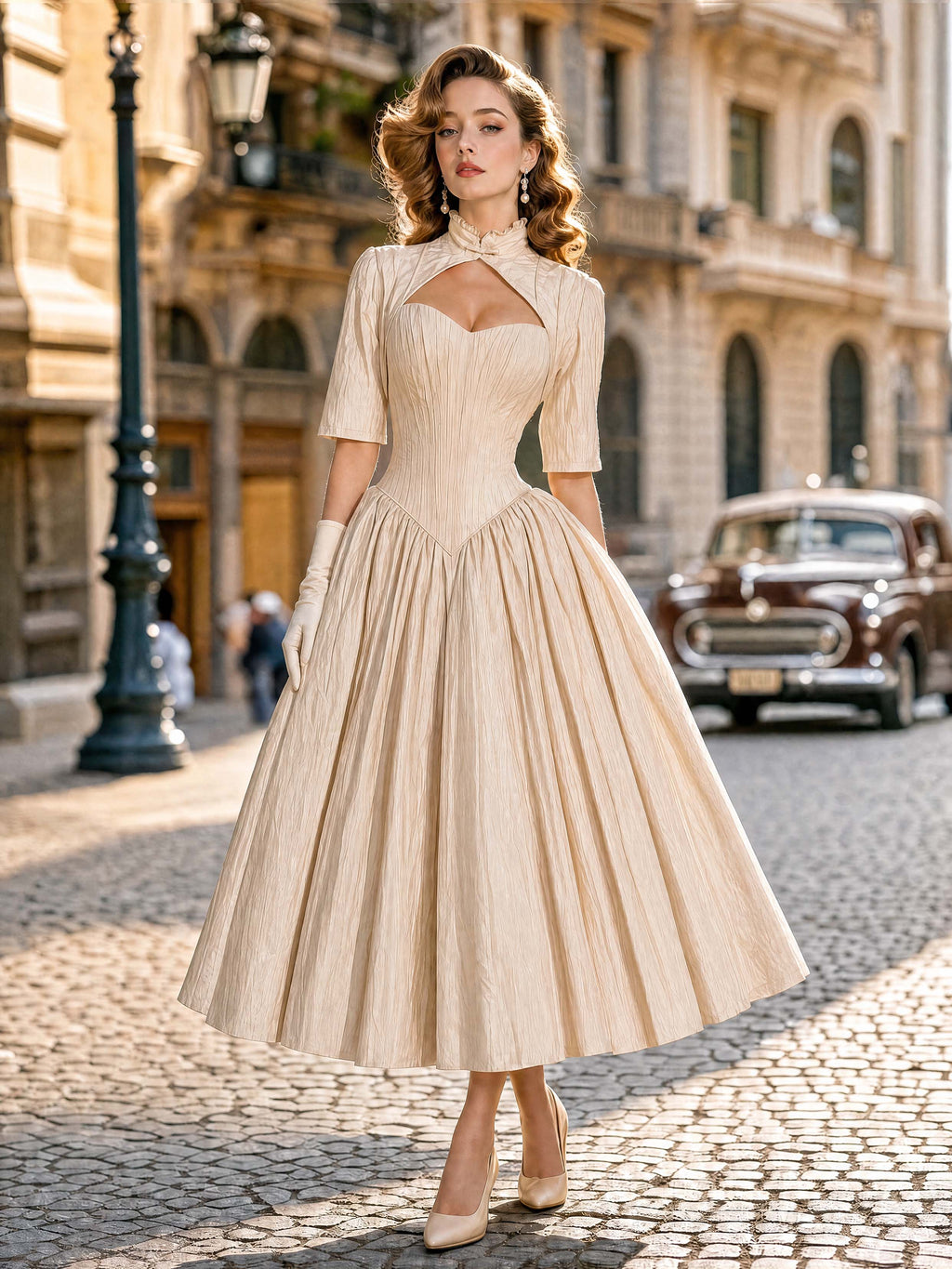 Vintage 50s Crinkled Texture Swing Midi Dress
