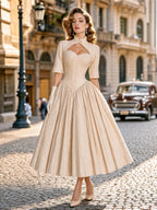 Vintage 50s Crinkled Texture Swing Midi Dress