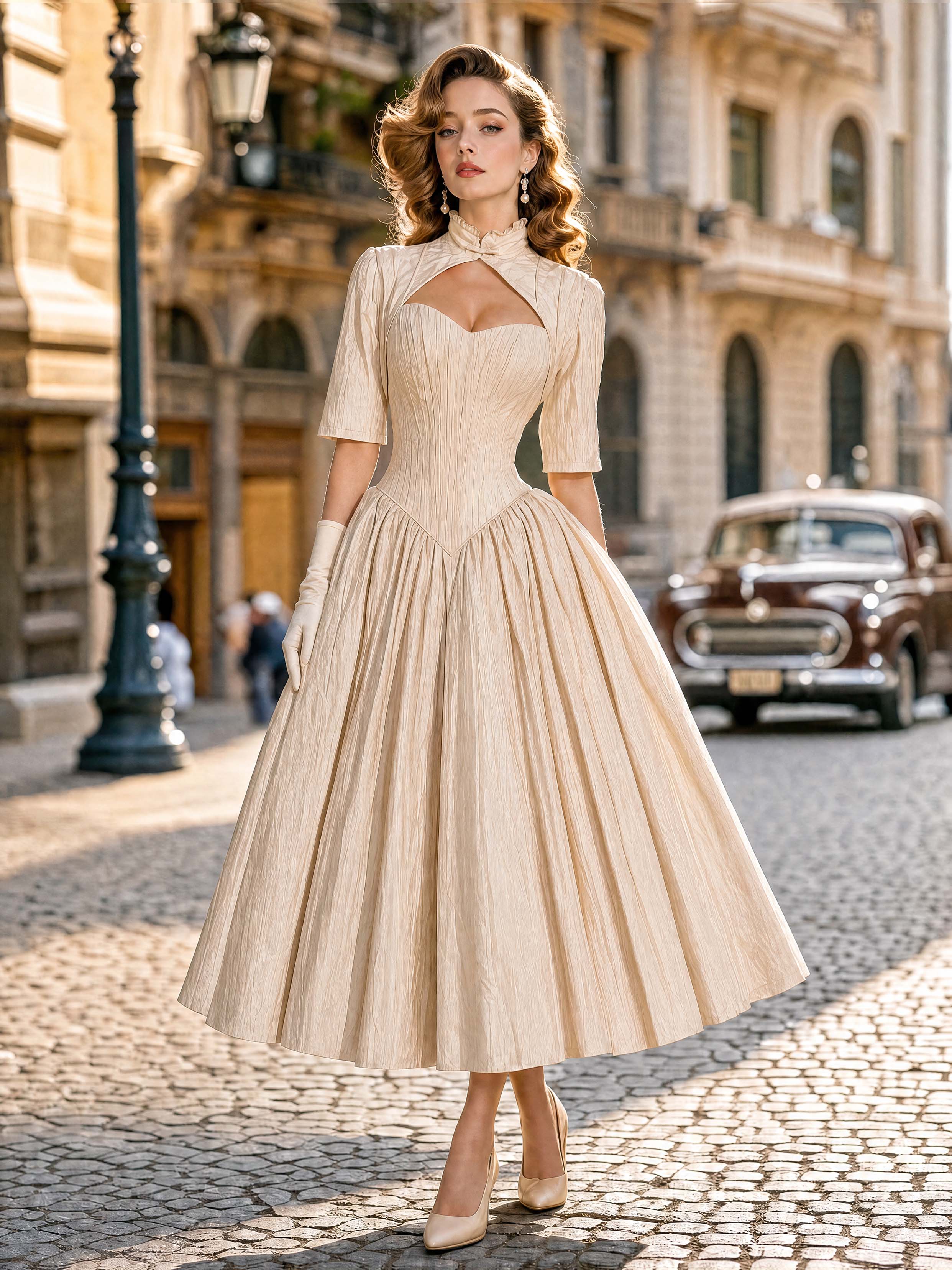 Vintage 50s Crinkled Texture Swing Midi Dress