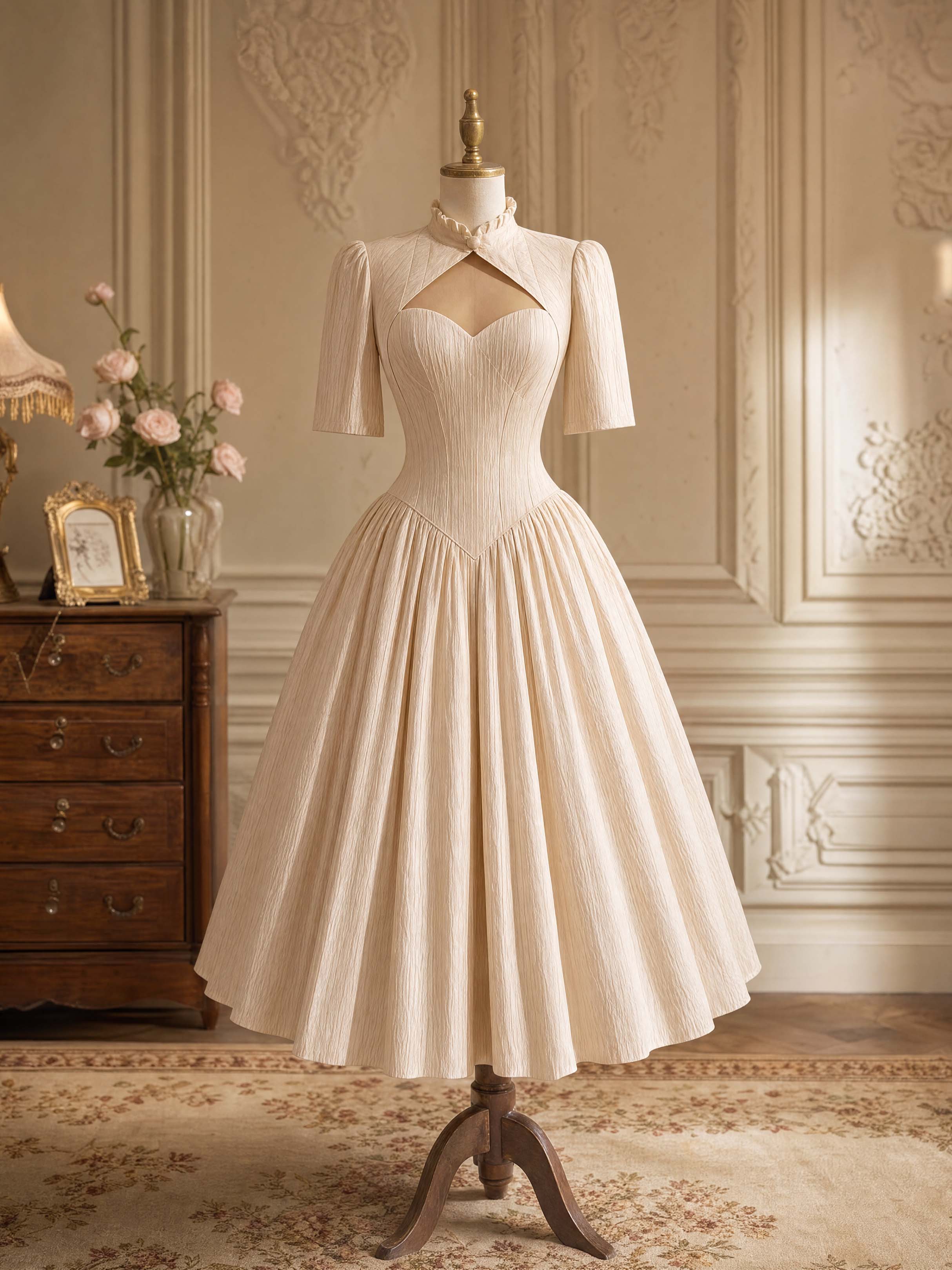 Vintage 50s Crinkled Texture Swing Midi Dress