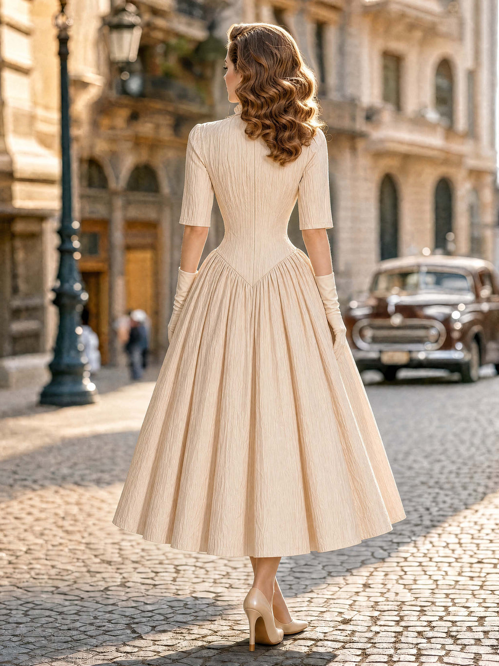 Vintage 50s Crinkled Texture Swing Midi Dress