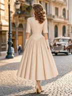 Vintage 50s Crinkled Texture Swing Midi Dress