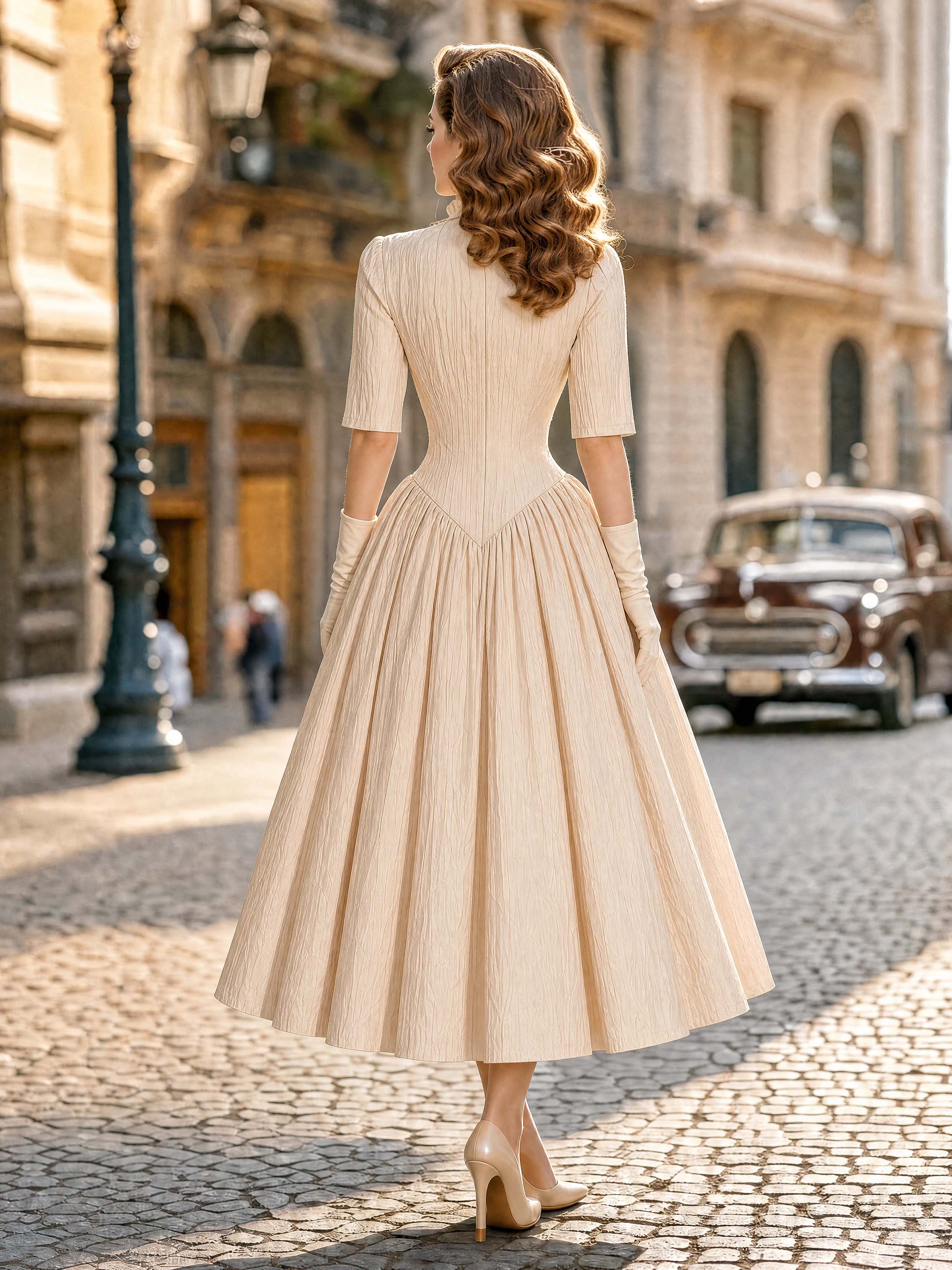 Vintage 50s Crinkled Texture Swing Midi Dress