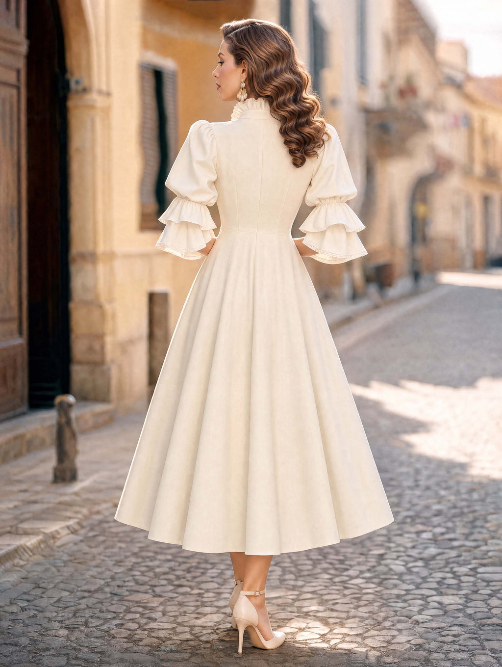 French Puff Sleeve Ruffle Collar Swing Midi Dress
