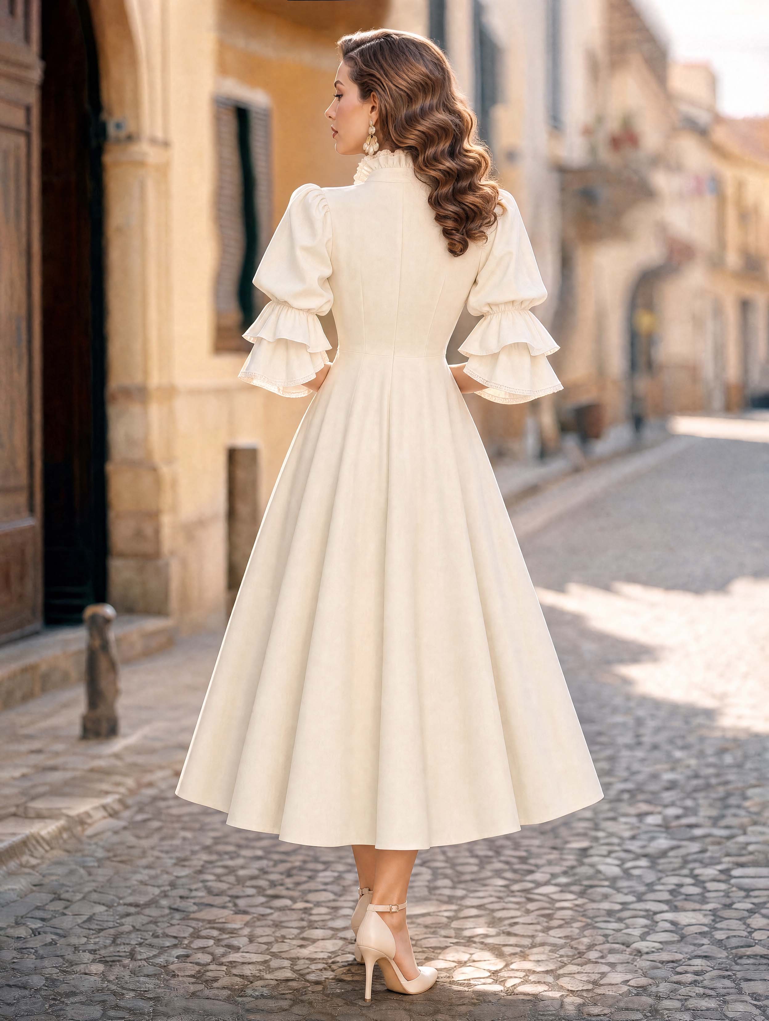 French Puff Sleeve Ruffle Collar Swing Midi Dress