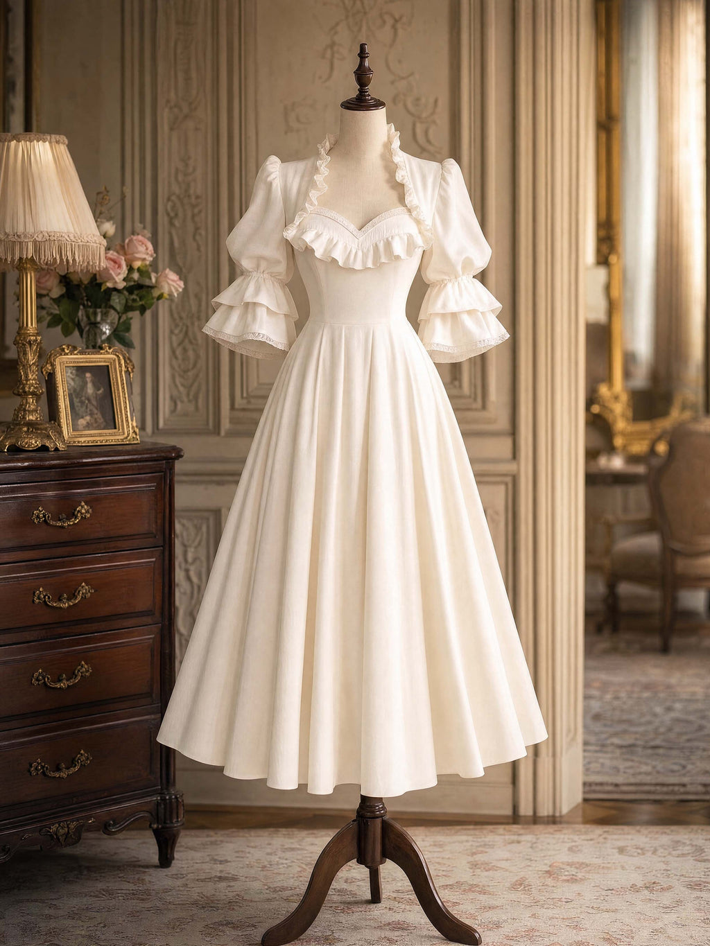 French Puff Sleeve Ruffle Collar Swing Midi Dress