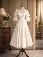 French Puff Sleeve Ruffle Collar Swing Midi Dress