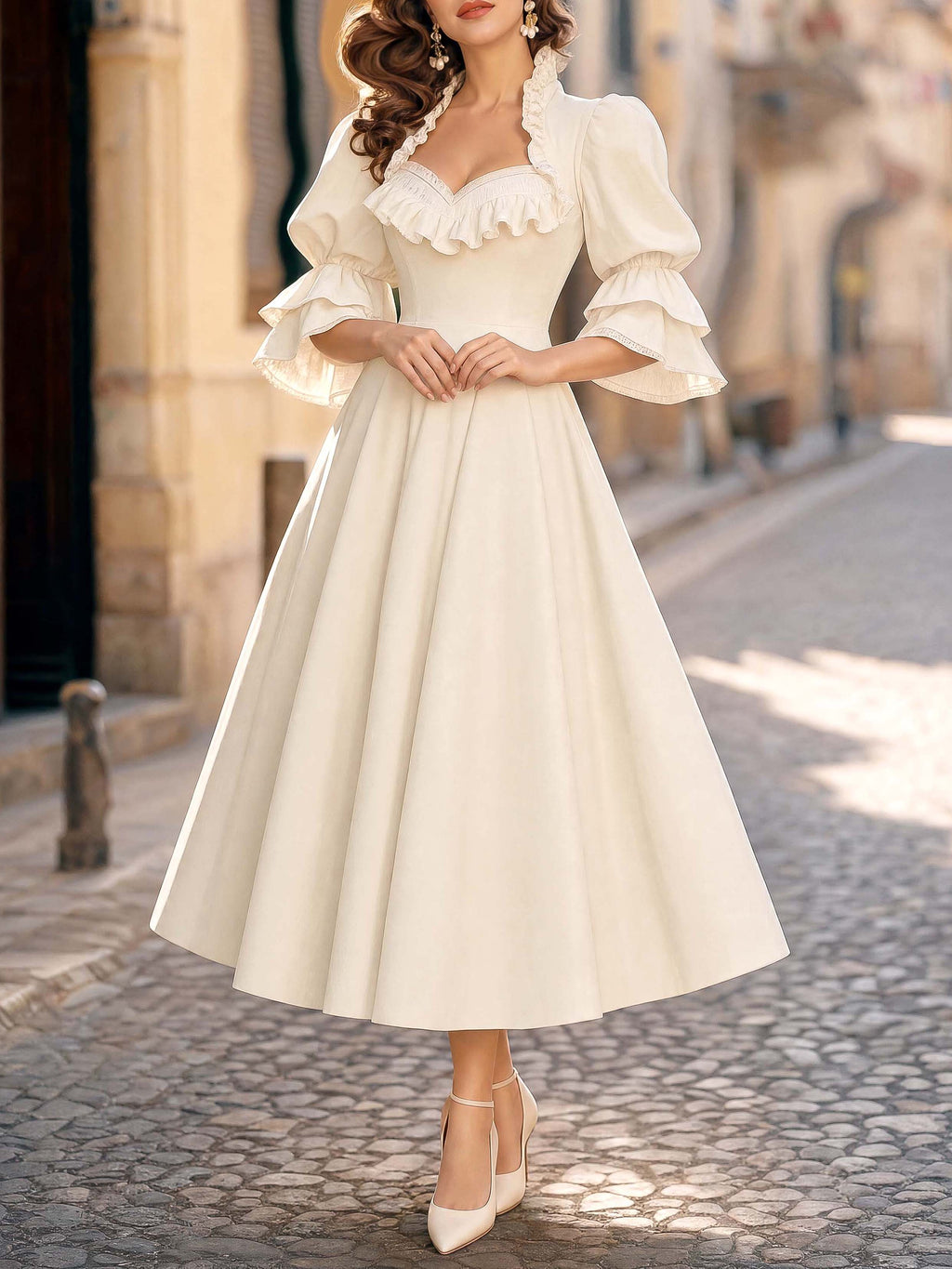 French Puff Sleeve Ruffle Collar Swing Midi Dress