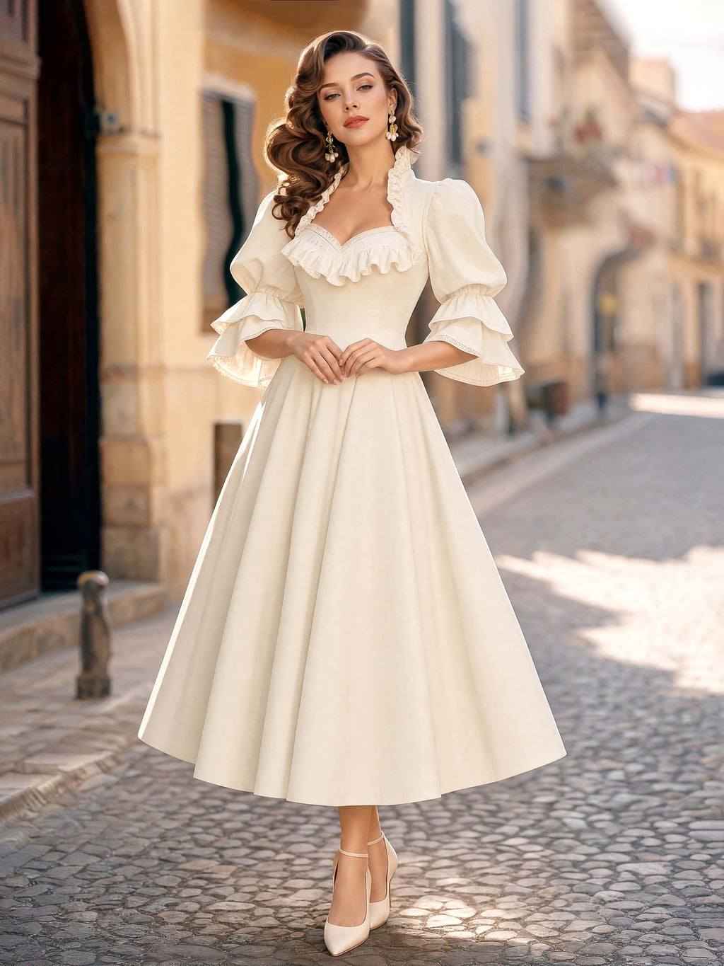 French Puff Sleeve Ruffle Collar Swing Midi Dress