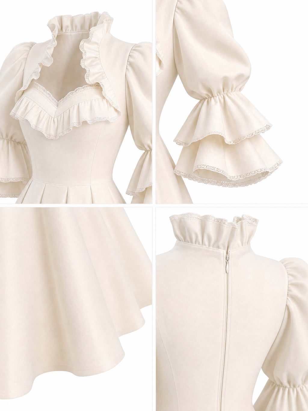 French Puff Sleeve Ruffle Collar Swing Midi Dress