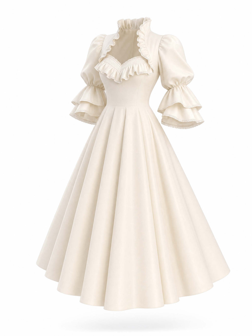 French Puff Sleeve Ruffle Collar Swing Midi Dress