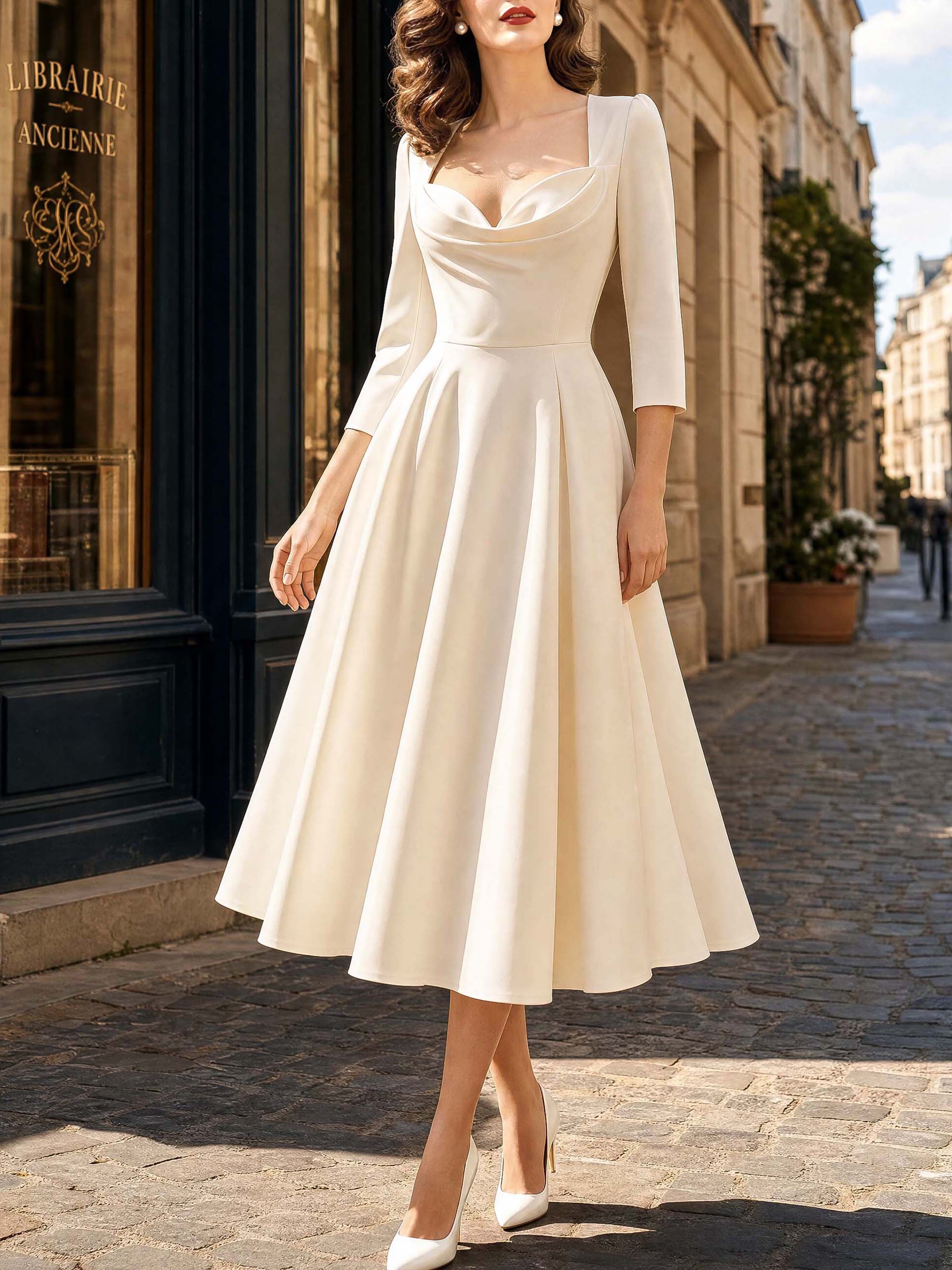 Vintage Cowl Neck Waisted Midi Swing Formal Dress