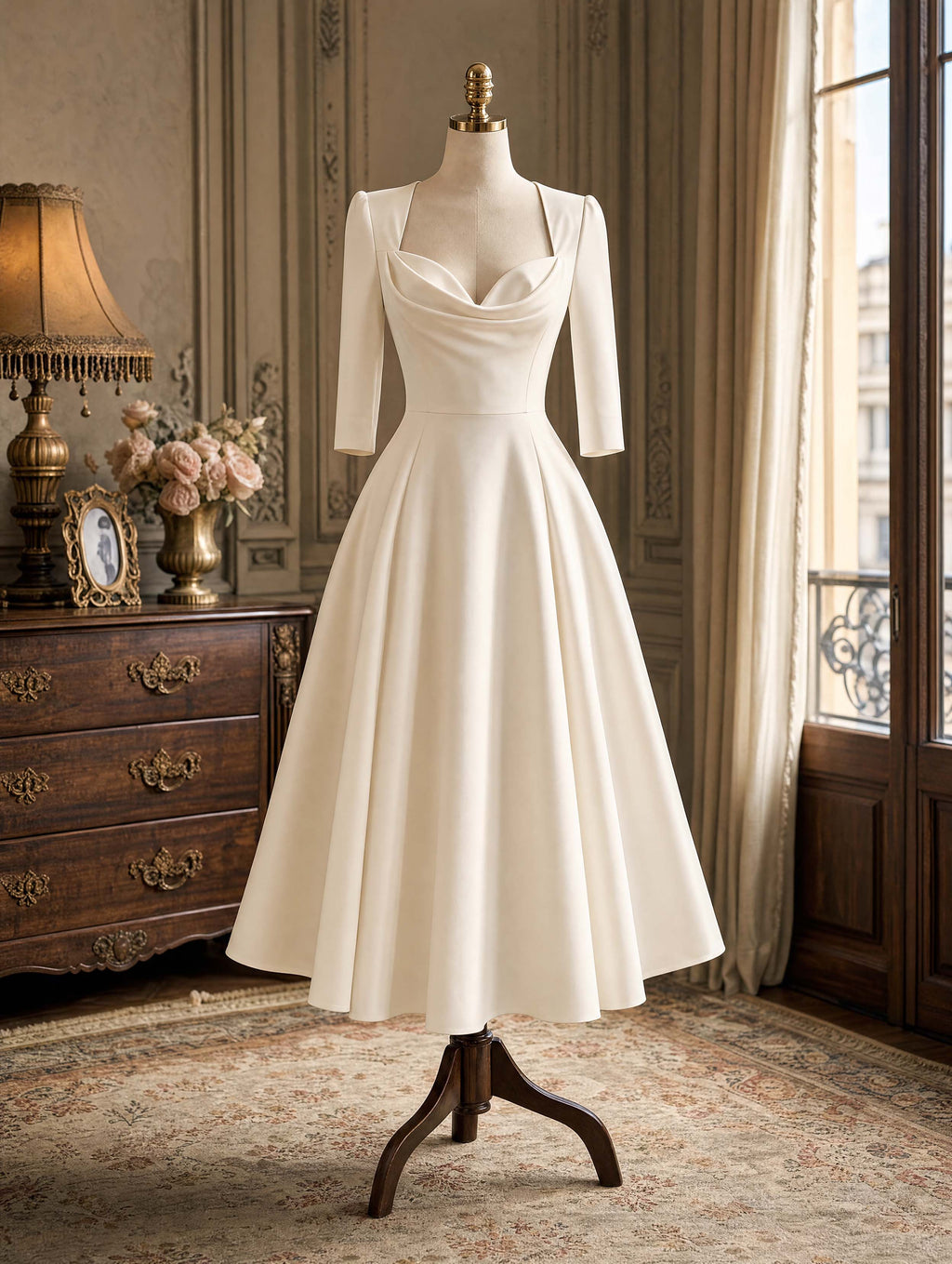 Vintage Cowl Neck Waisted Midi Swing Formal Dress