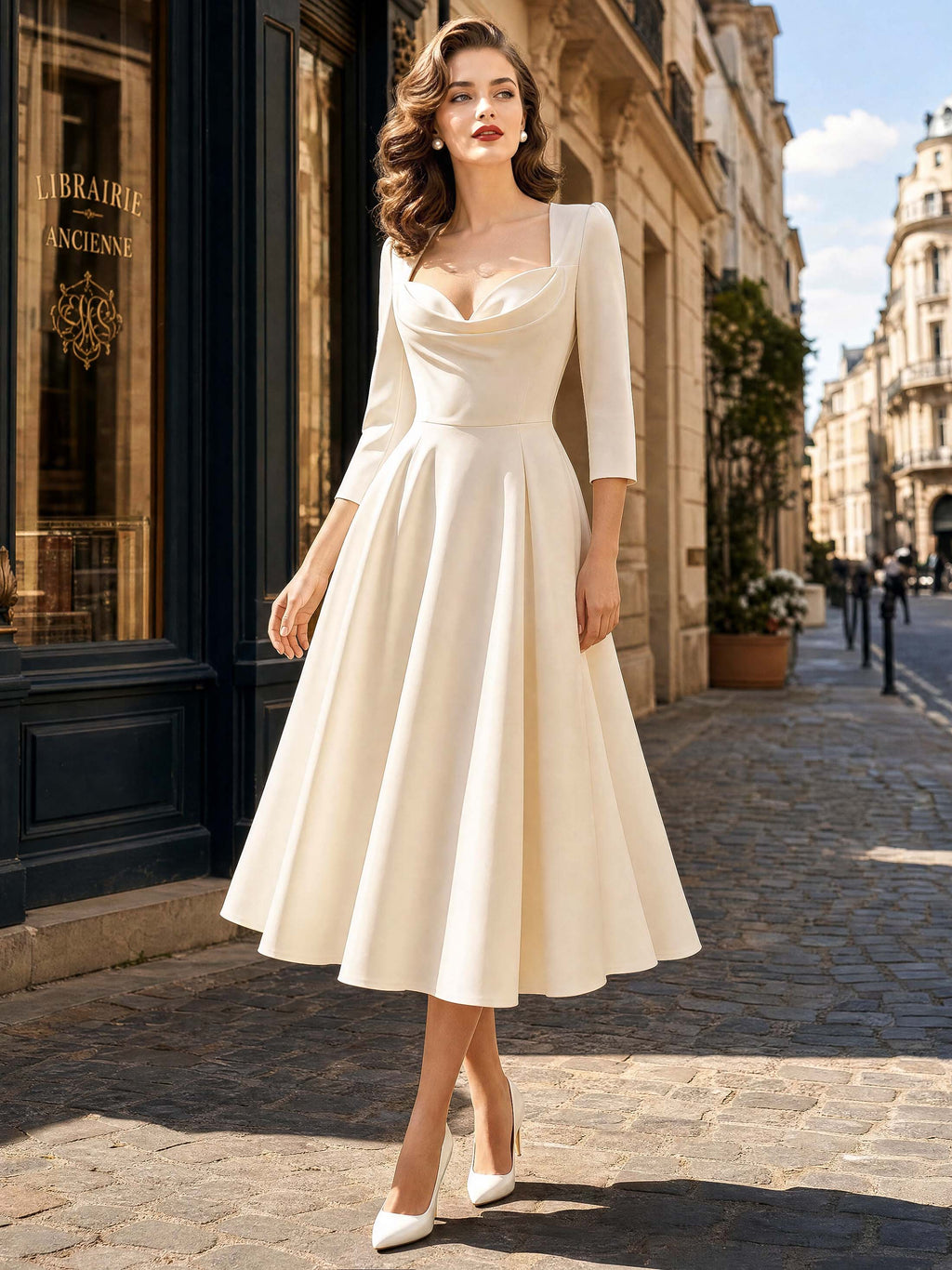 Vintage Cowl Neck Waisted Midi Swing Formal Dress