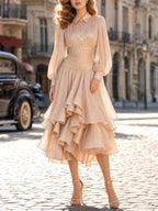 Vintage Champagne Shimmer Puff Sleeve Midi Dress