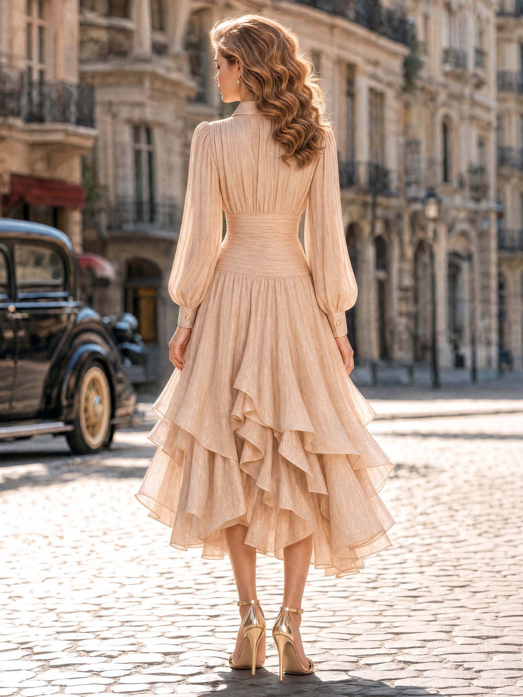Vintage Champagne Shimmer Puff Sleeve Midi Dress