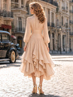 Vintage Champagne Shimmer Puff Sleeve Midi Dress
