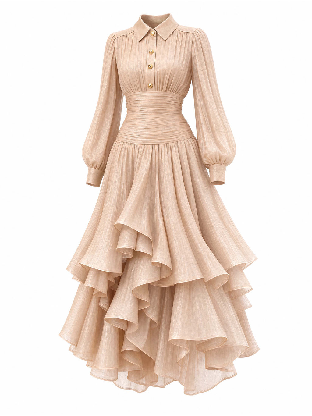 Vintage Champagne Shimmer Puff Sleeve Midi Dress