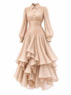 Vintage Champagne Shimmer Puff Sleeve Midi Dress