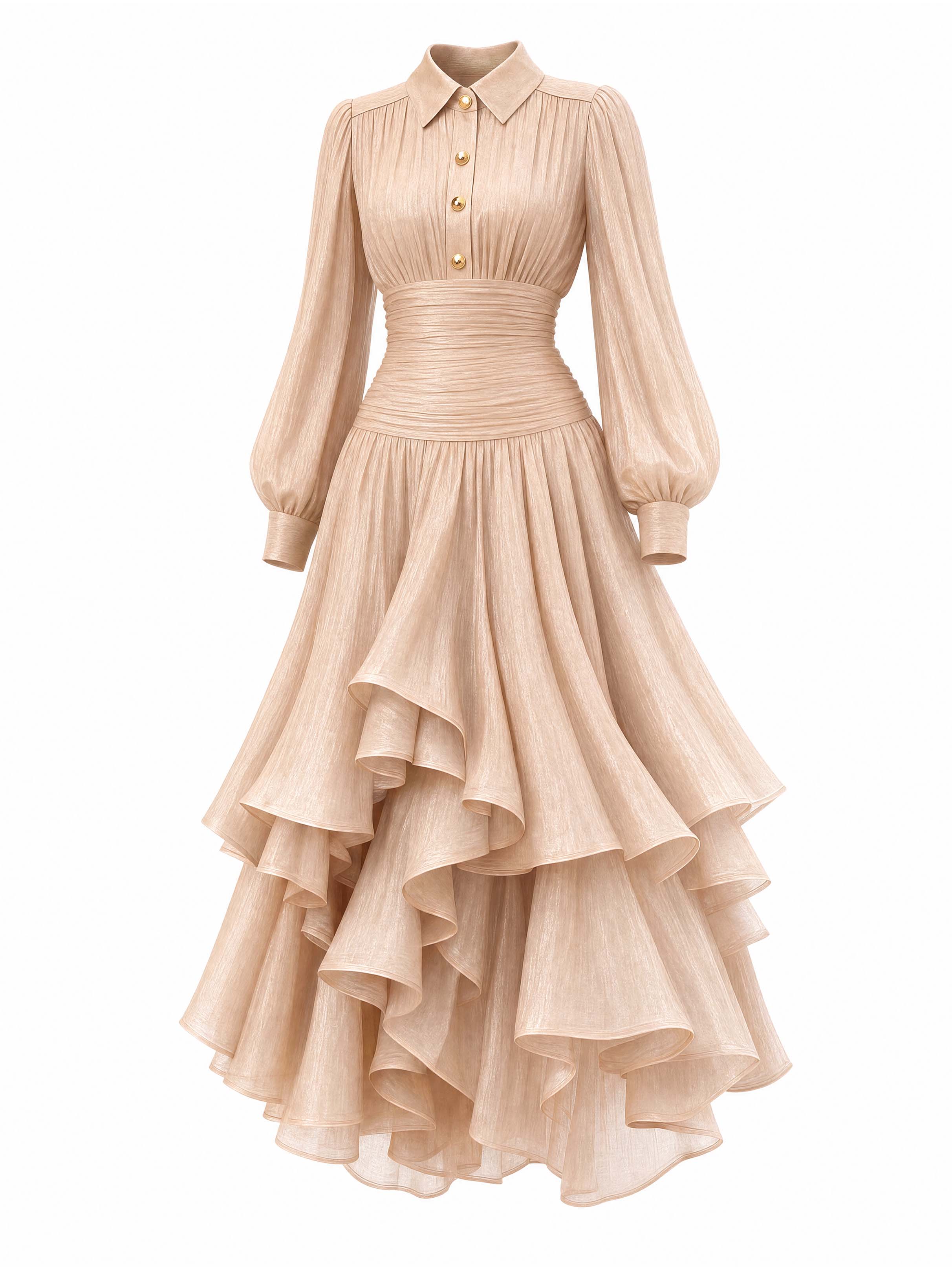 Vintage Champagne Shimmer Puff Sleeve Midi Dress
