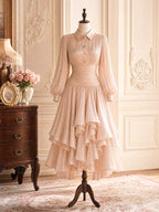 Vintage Champagne Shimmer Puff Sleeve Midi Dress