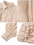 Vintage Champagne Shimmer Puff Sleeve Midi Dress