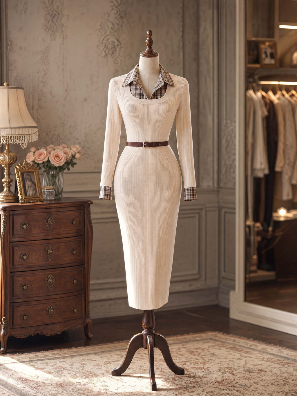 Vintage Fake Two-Piece Slim Knit Bodycon Midi Dress