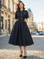 Retro Lapel Collar Dark Wash Denim Swing Midi Dress