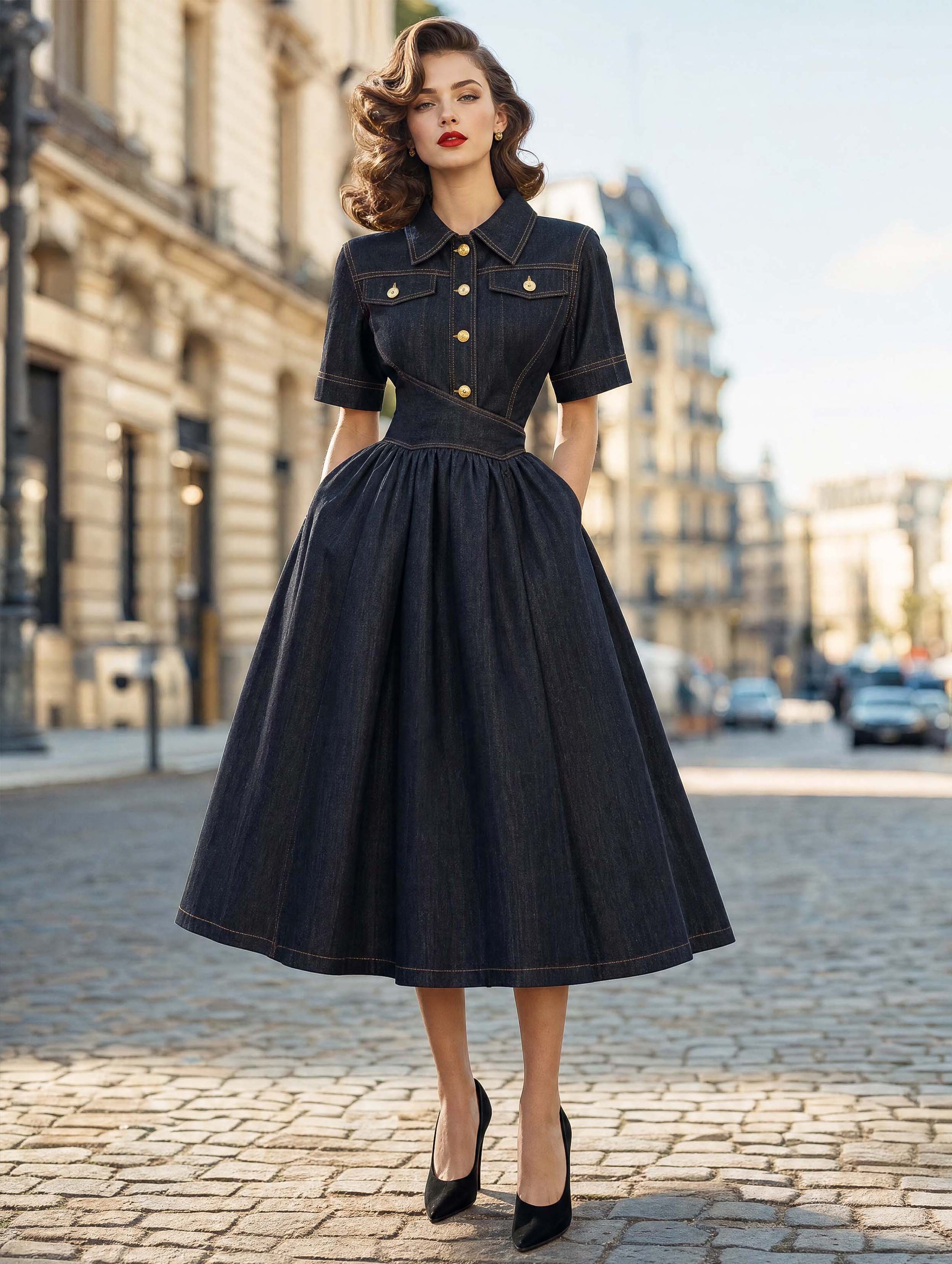 Retro Lapel Collar Dark Wash Denim Swing Midi Dress
