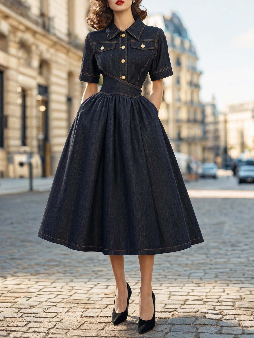 Retro Lapel Collar Dark Wash Denim Swing Midi Dress