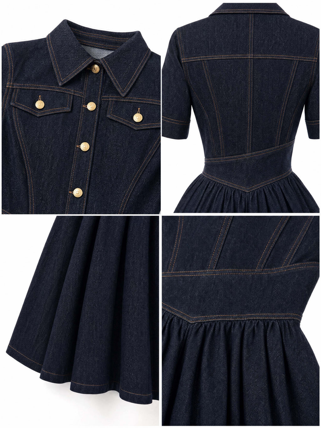 Retro Lapel Collar Dark Wash Denim Swing Midi Dress
