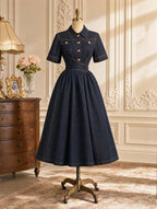 Retro Lapel Collar Dark Wash Denim Swing Midi Dress
