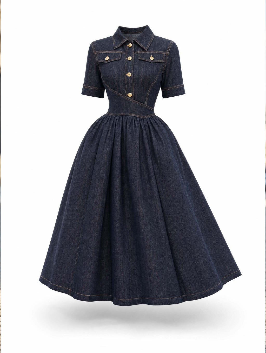 Retro Lapel Collar Dark Wash Denim Swing Midi Dress