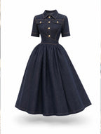 Retro Lapel Collar Dark Wash Denim Swing Midi Dress