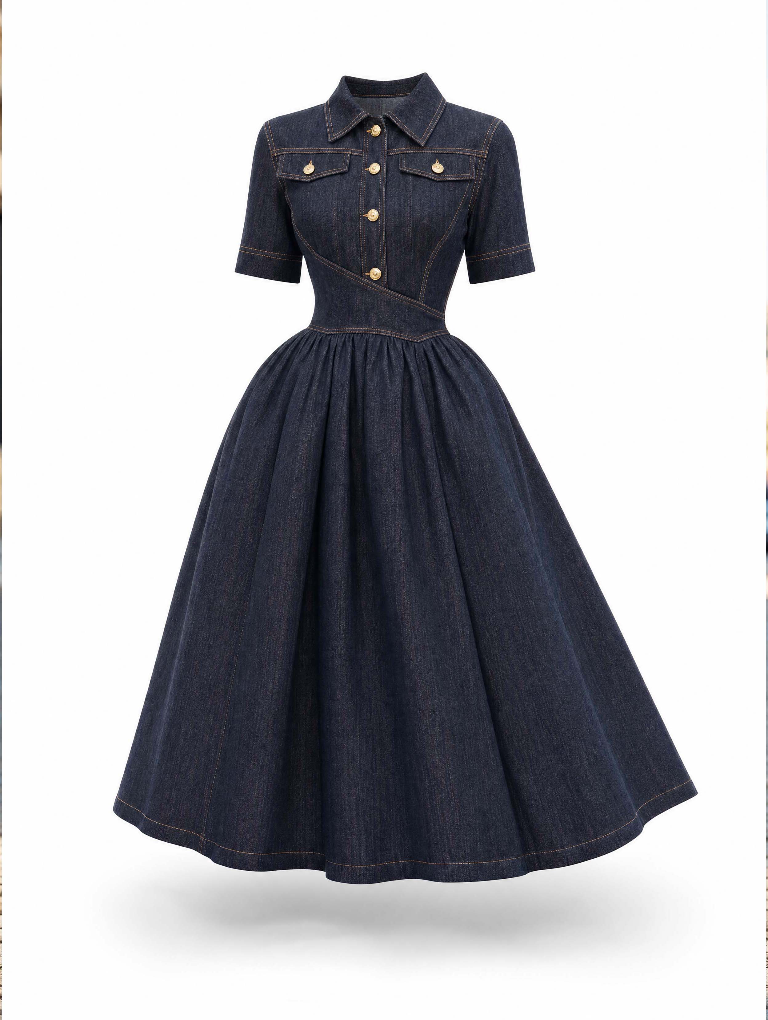 Retro Lapel Collar Dark Wash Denim Swing Midi Dress