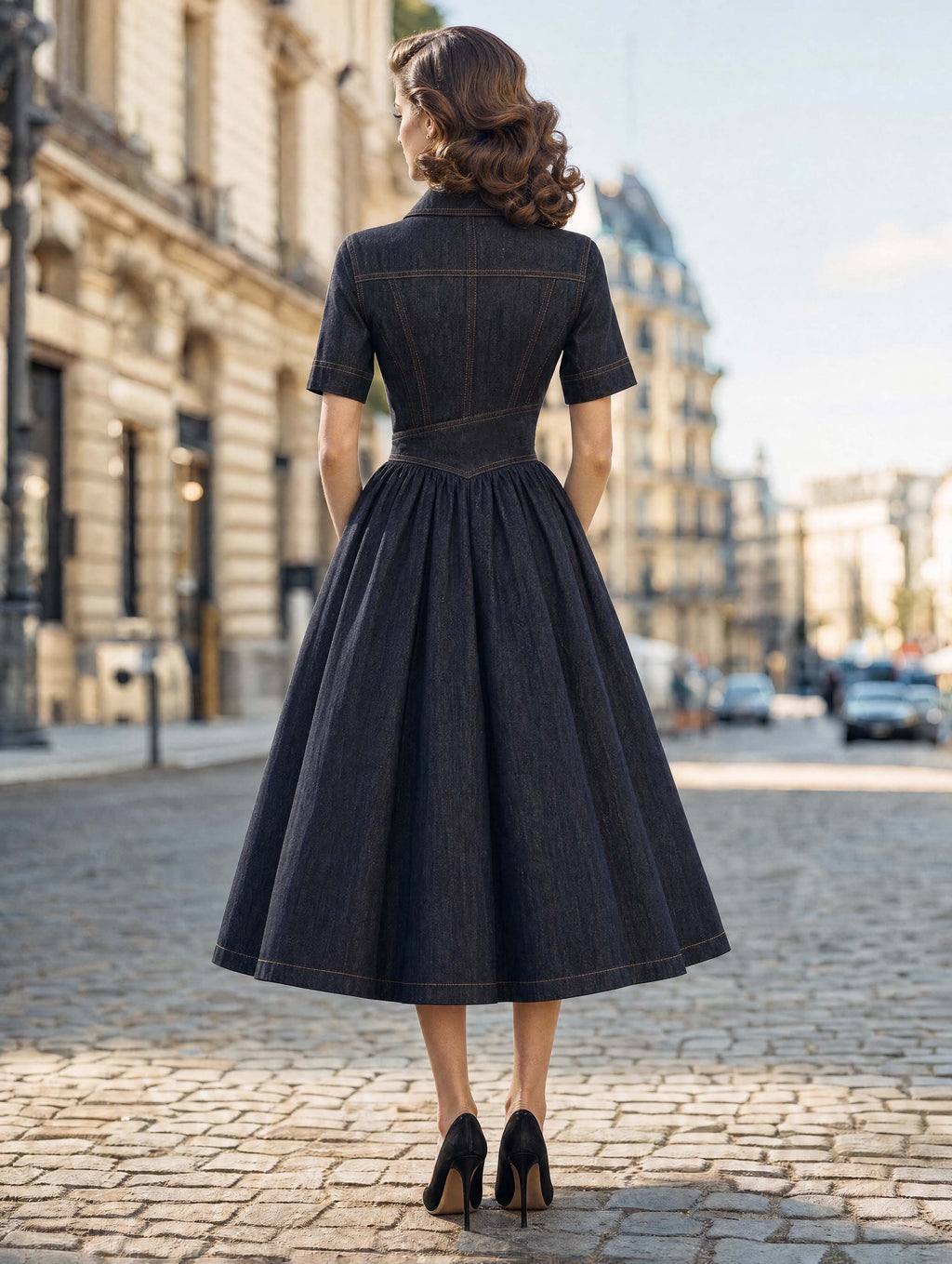Retro Lapel Collar Dark Wash Denim Swing Midi Dress
