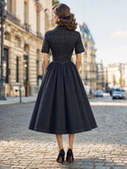 Retro Lapel Collar Dark Wash Denim Swing Midi Dress