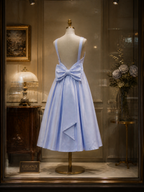 Light Blue Backless Bow Satin A-Line Cocktail Dress