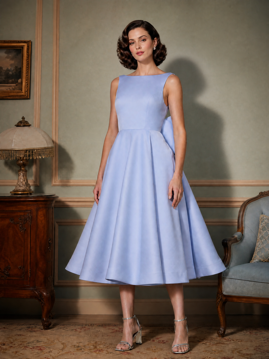 Light Blue Backless Bow Satin A-Line Cocktail Dress