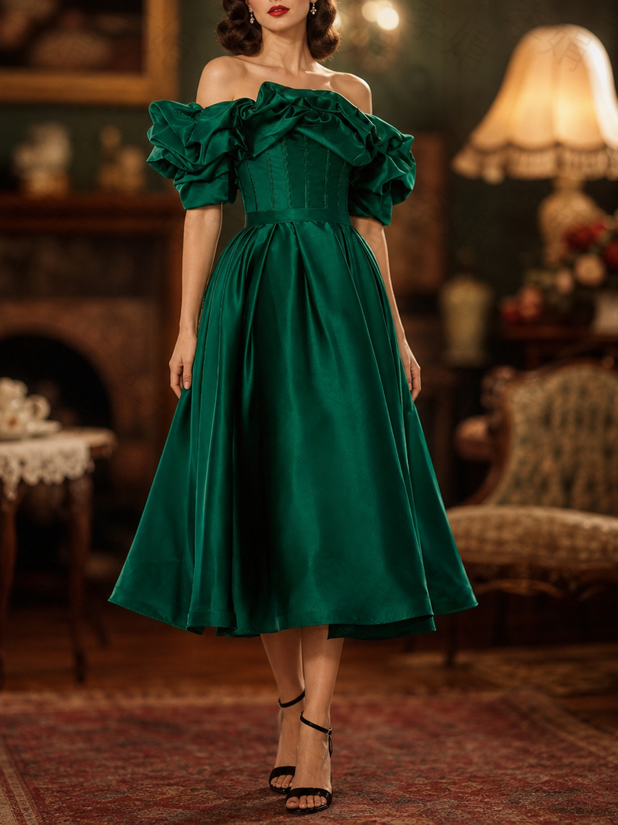 Emerald Green Off-Shoulder Ruffle Puff-Sleeve Corset Cocktail Dress