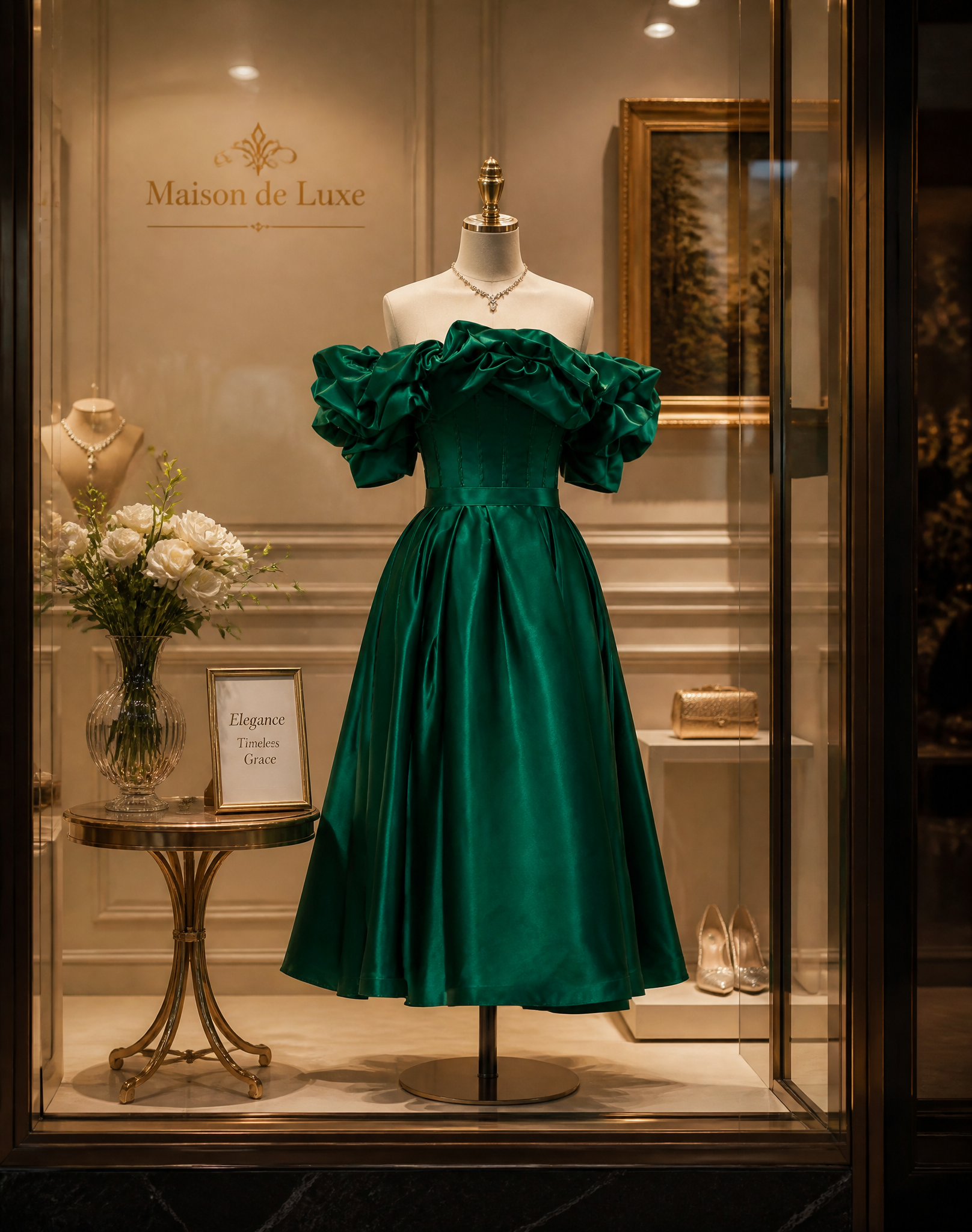 Emerald Green Off-Shoulder Ruffle Puff-Sleeve Corset Cocktail Dress