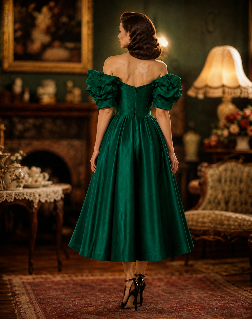 Emerald Green Off-Shoulder Ruffle Puff-Sleeve Corset Cocktail Dress