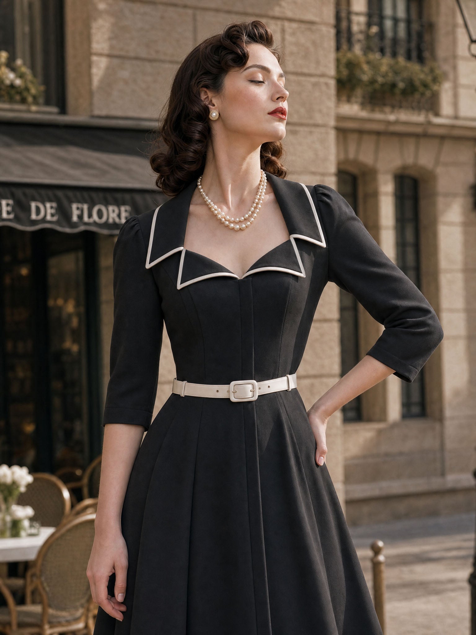 Vintage Colorblock Lapel Midi Dress