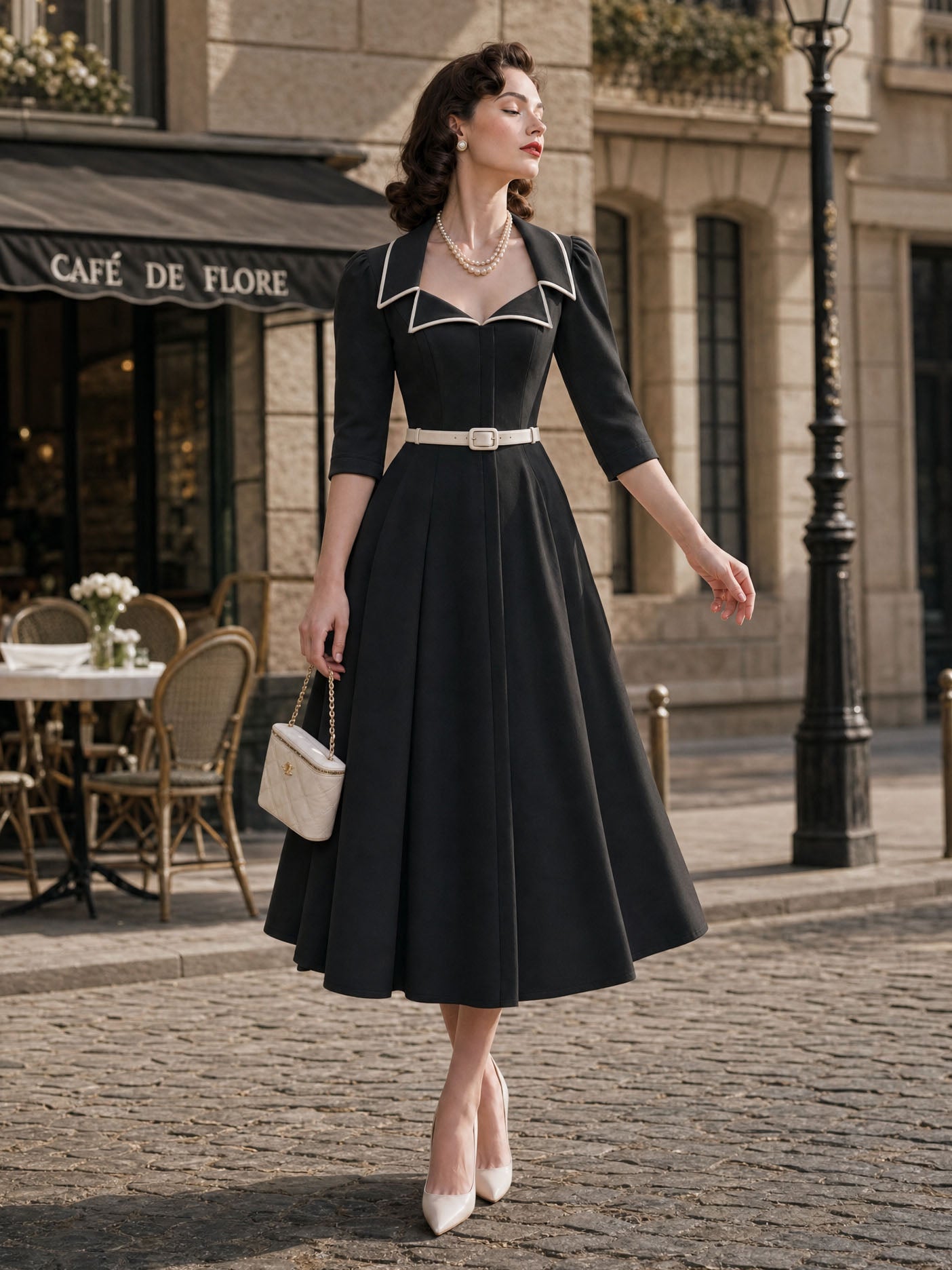 Vintage Colorblock Lapel Midi Dress