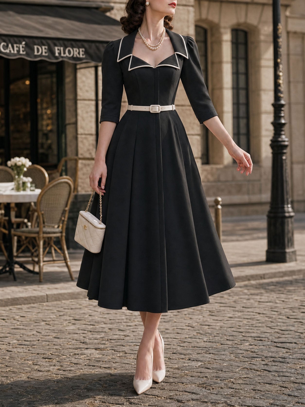 Vintage Colorblock Lapel Midi Dress