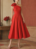 Red One-Shoulder 3D Rosette Cocktail Dress